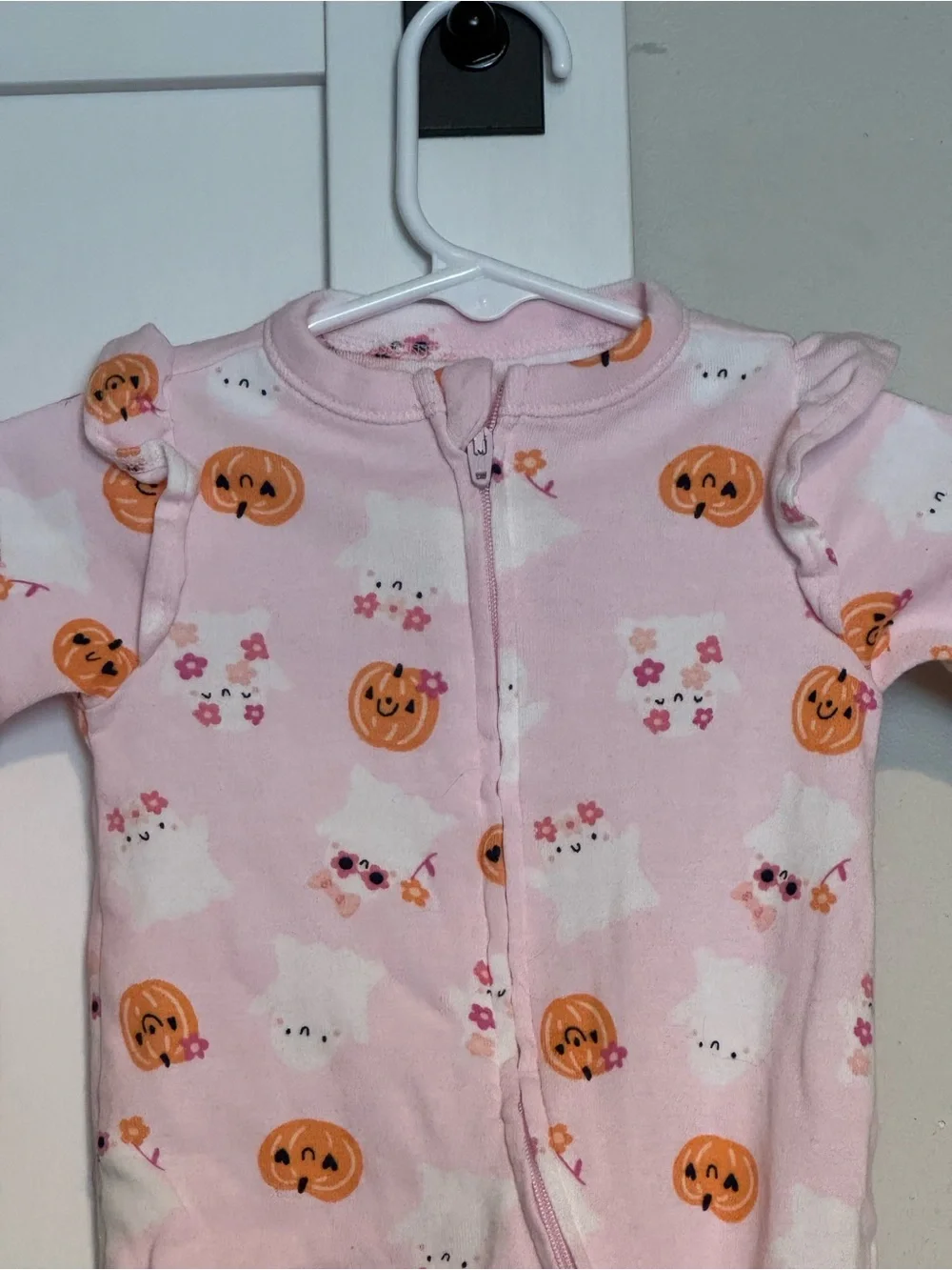 Old Navy Baby Halloween Footed Sleeper Ghost Pumpkin Pink 2-Way Zip 0-3M